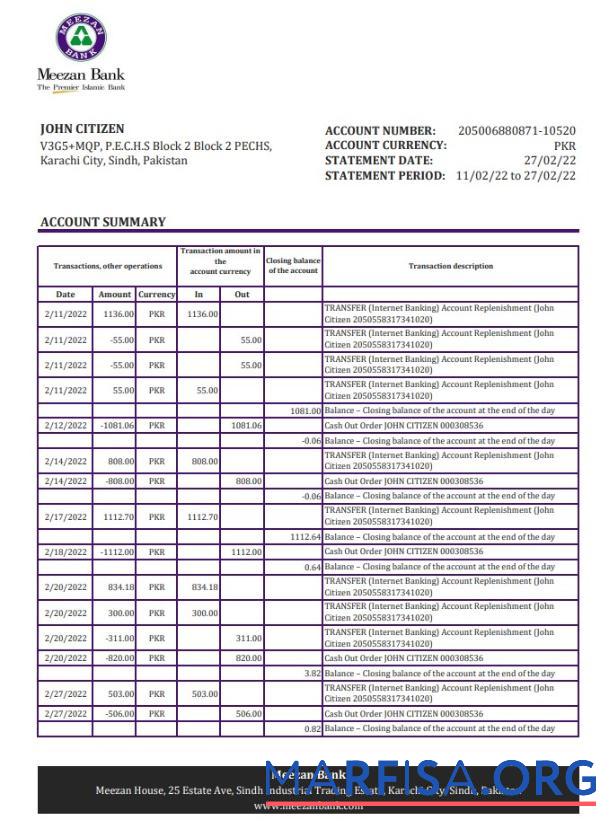 Downloadable Pakistan Meezan bank statement excel real example